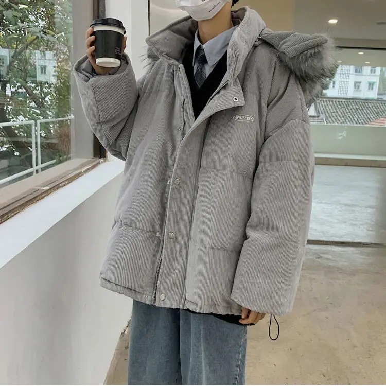 Winter Hooded Padded Cotton Coat Men Trendy Couple Corduroy Cotton-Padded Jacket Student Big Fur Collar Cotton Coat Jacket