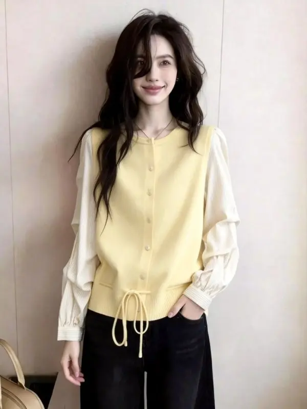 

Early Spring Yellow Open Cardigan Women's Loose Fit Casual Style Fake Two-Piece Shirt Soft Gentle Girl's Lazy Leisure Fashion