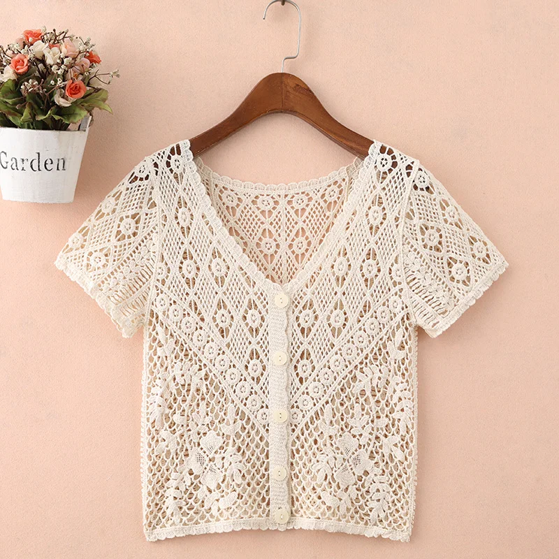 French Chic Crochet Knit Top Summer Cover Up Openwork Short Sleeve Button Front Cardigan Tops Women Vacation Outfit