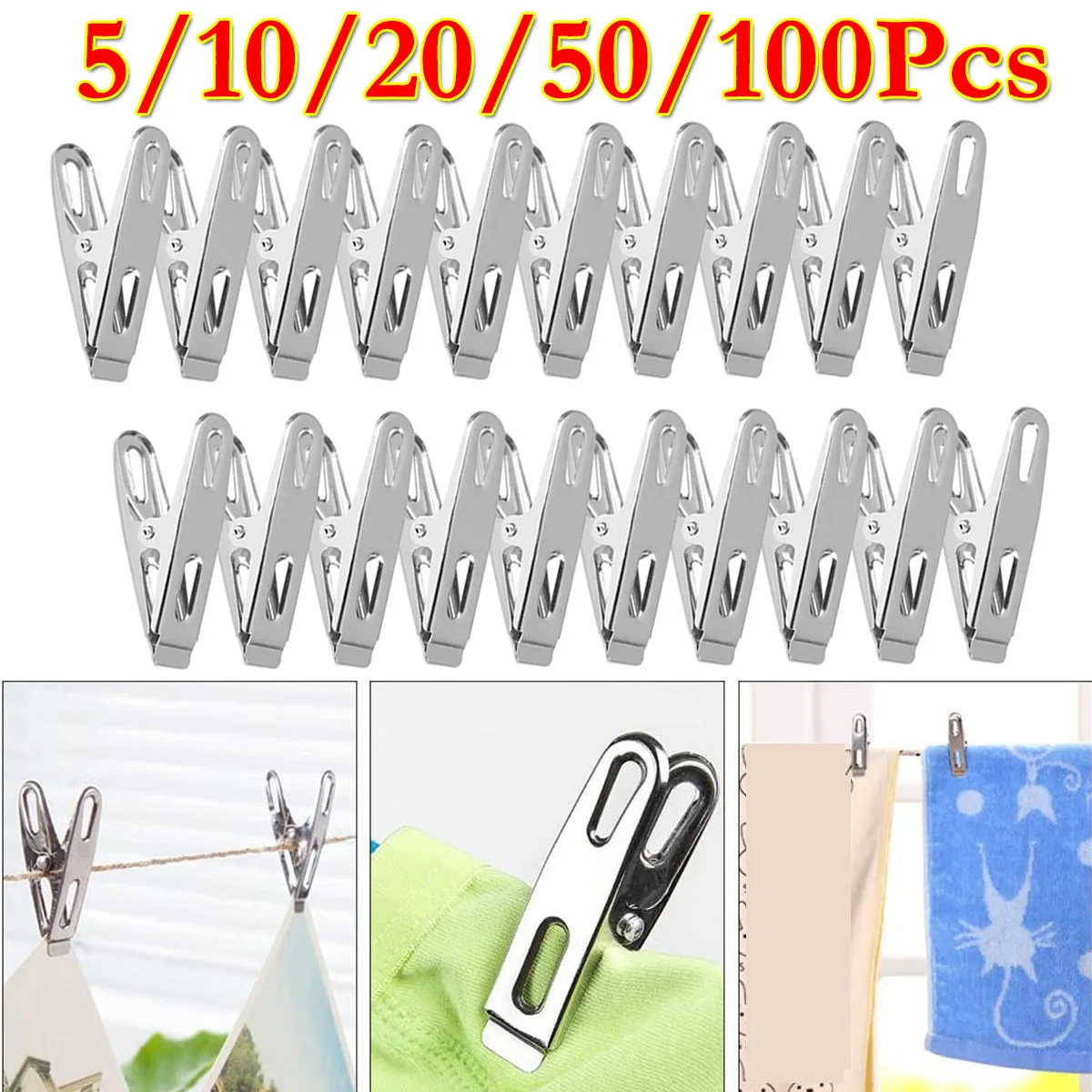 10/20/50/100Pc Clothes Pegs Stainless Steel Washing Clips Household Clothing Sealing Clip Windproof Hang Pins Metal Clips Clamps