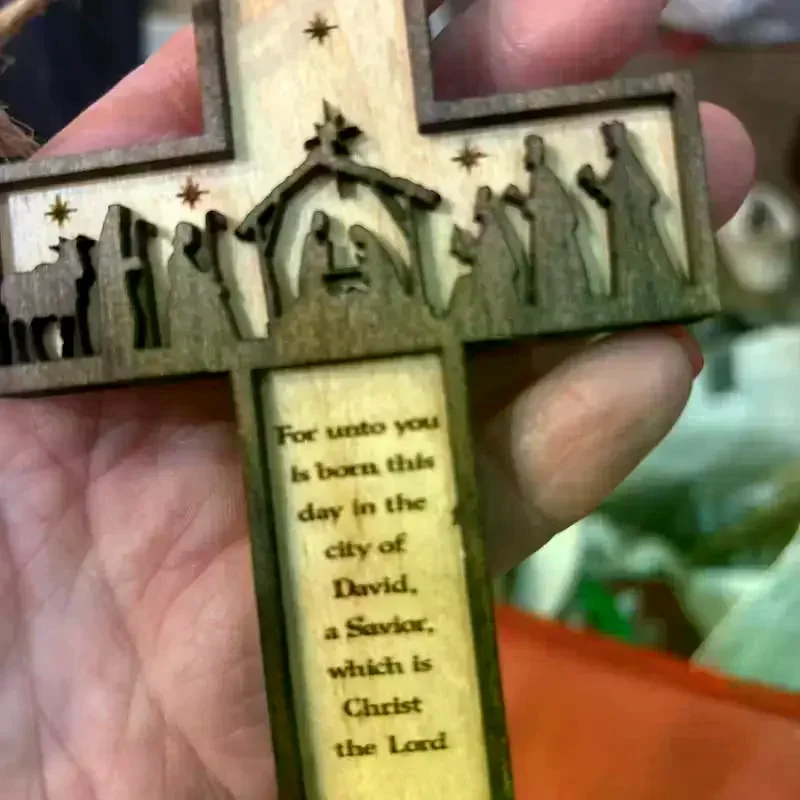 3D Nativity Scene Wooden Cross Ornament, Handmade Christmas Tree Decoration, Home And Religious Decoration