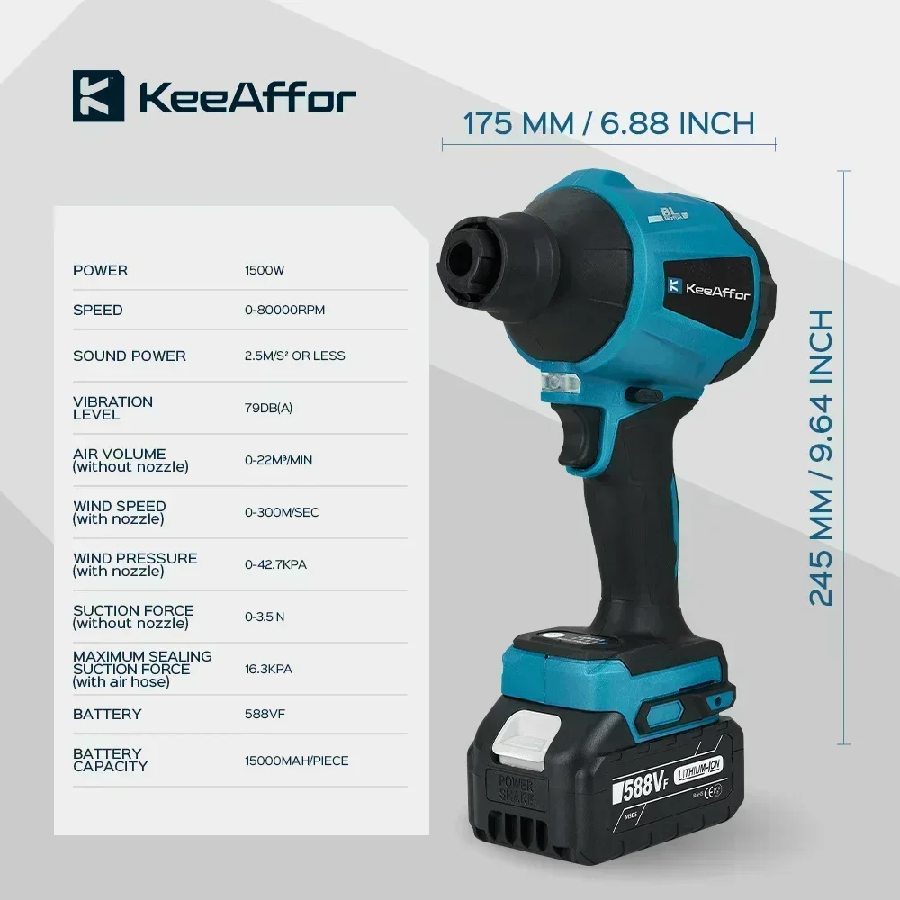 KEEAFFOR 1500W 80000RPM Ventilatore Brushless Cordless Multifunzione Gonfiatore Aspirapolvere Pulitore di Polvere Ventilatore Per Makita 18v Batteria