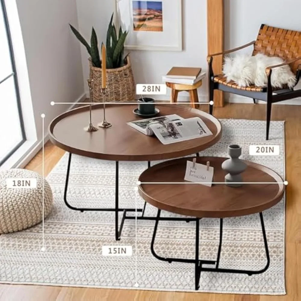 مجموعة طاولات قهوة متداخلة مستديرة من خشب الجوز 28 حديثة في منتصف القرن، تصميم مخدد لغرفة المعيشة أو غرفة النوم أو شرفة المكتب