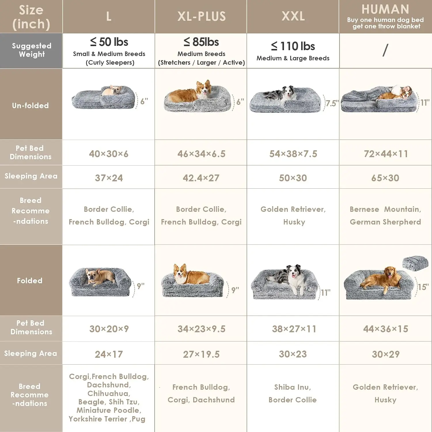 Orthopedic Foldable Human Dog Bed - 72x44x11, Grey