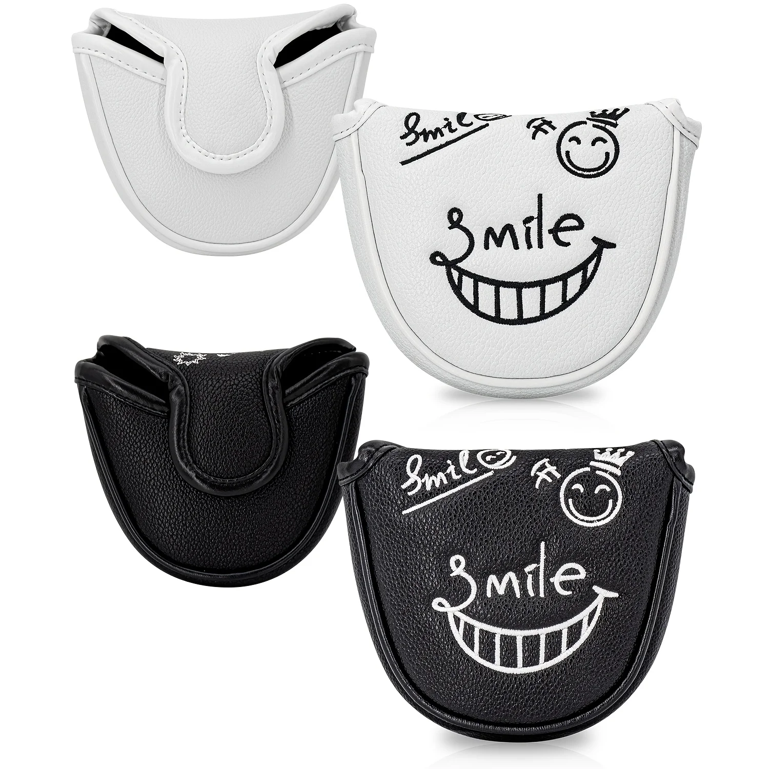 1pc Golf Mallet Putter Cover with Grinning Face Pattern & PU Material - Semi-Circular Design Suitable for Most Major Golf Brands