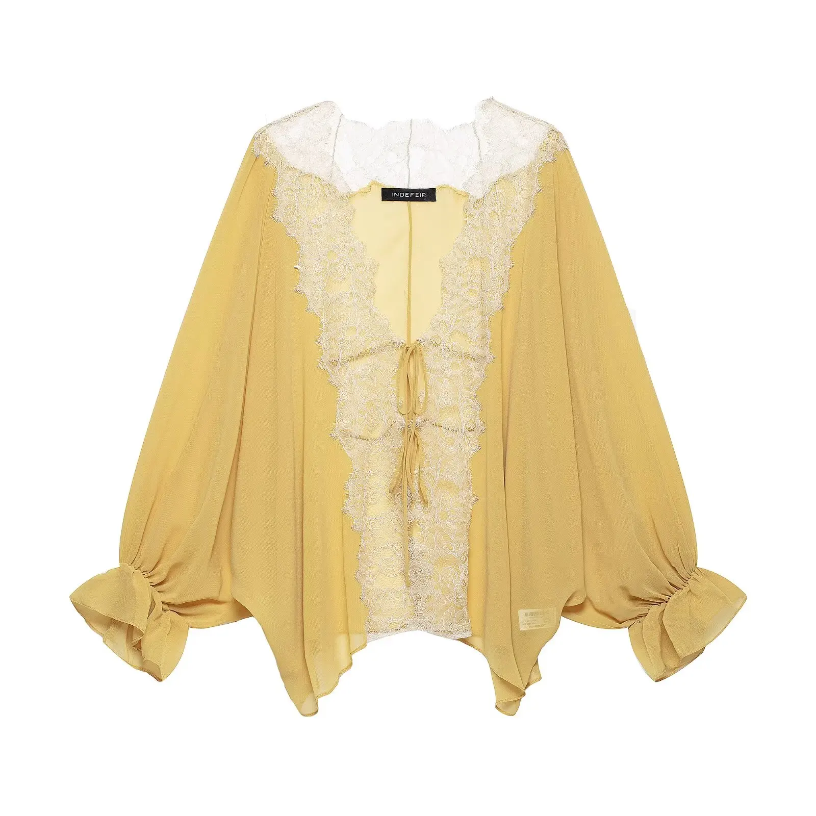 

Willshela Women Fashion Yellow Lace Patchwork Pleated Blouse Vintage V-Neck Long Batwing Sleeves Female Chic Lady Shirts