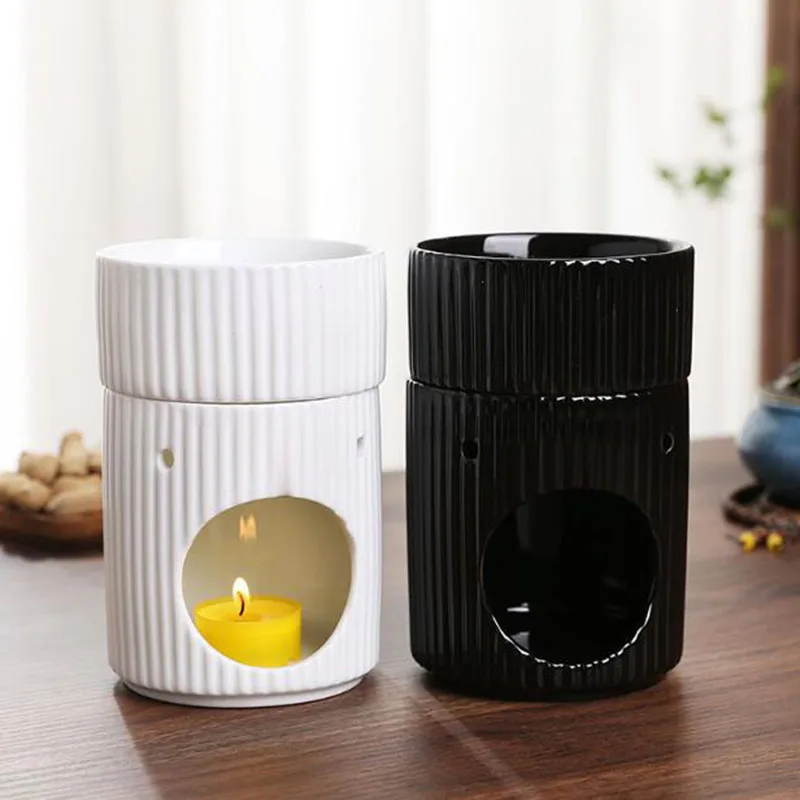 Big Capacity Porcelain Vertical Stripes Essential Oil Furnance Aroma Burner Fragrance Censer Candle Holder Home Decor