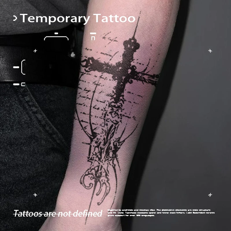 

Gothic Retro Inscription Cross Herbal Juice Tattoo Stickers For Men Woman Arm Temporary Waterproof Tattoo Body Fake Tattoo 2025