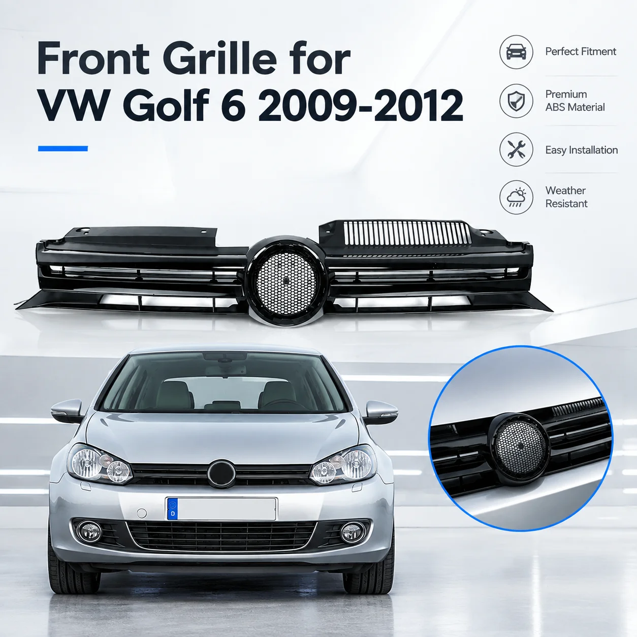 Griglia paraurti anteriore rinforzata in ABS per VW Golf 6 MK6 2009-2012, pannello di ricambio per la griglia del radiatore, superficie resistente all'usura, finitura di lunga durata, design
