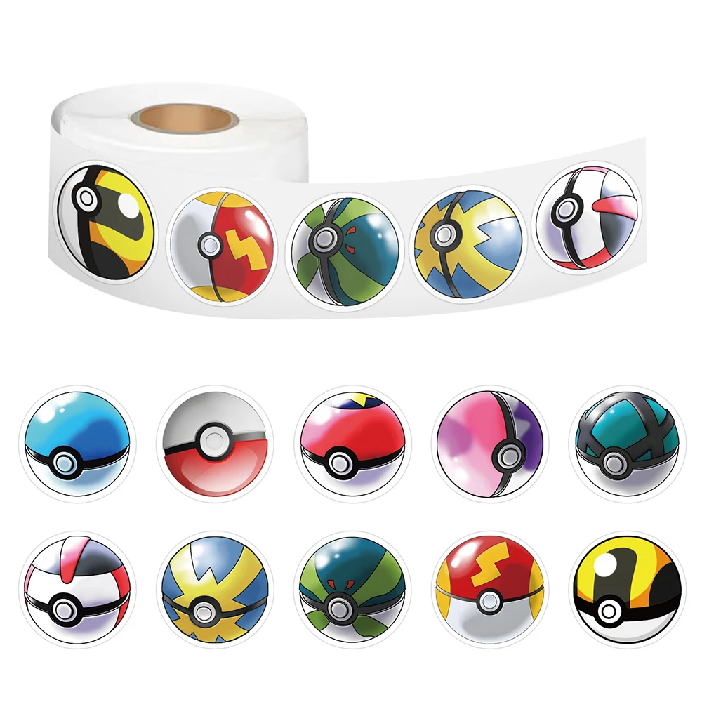 500pcs/Roll Cute Cartoon Pokemon Poké Ball Anime Stickers Roll DIY Laptop Fridge Phone Stationery Sticker Reward Kids Toys Gift