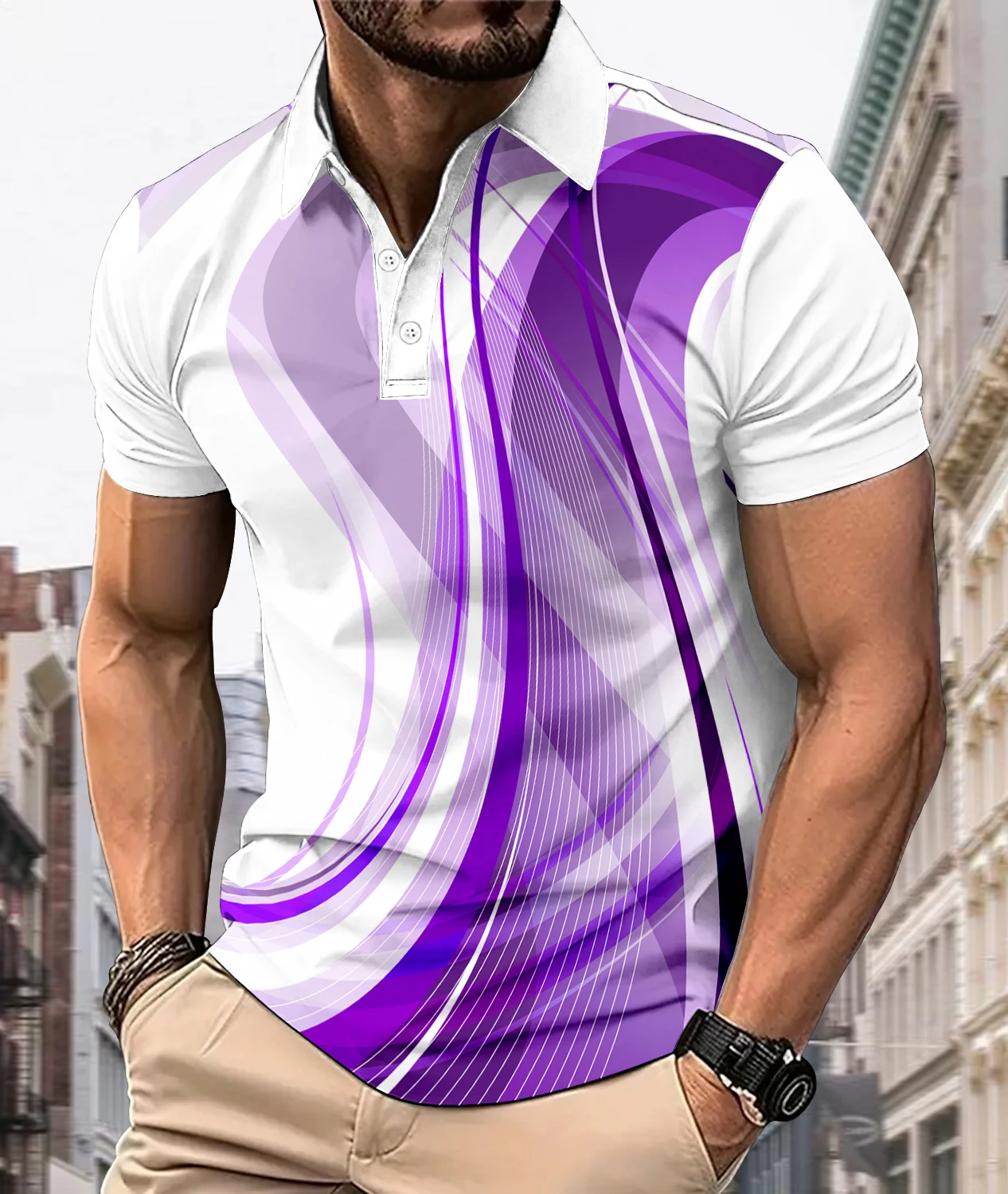 New men's cross-border short sleeved polo with fashionable printed design and lapel button polo