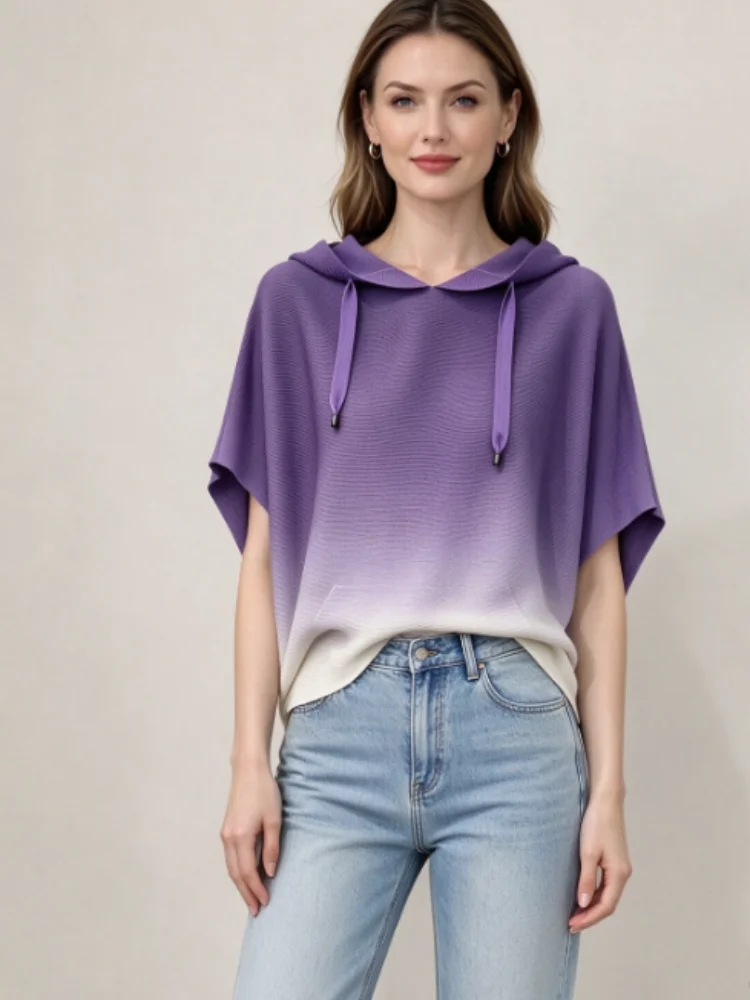 Miyake Women Purple Gradient Hoodie Top, Drawstring Hooded Batwing Sleeve Loose Casual Pullover Blouse