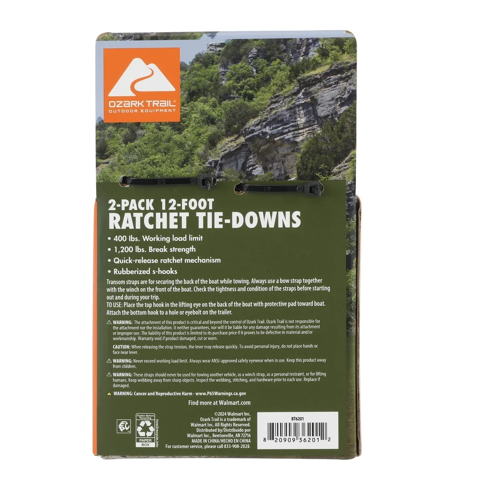 Ratchet Tie Down Straps 1 Inch X 12 Feet 400 Pound Capacity 2 Pack with Corrosion Resistant Hooks Adjustable Trailers Boats Cars