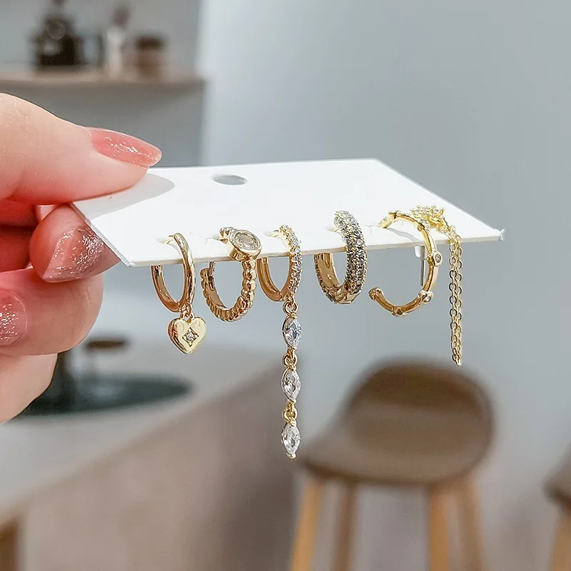 6 Pieces/set 925 Sterling Silver Water Drop Heart Hoop Earrings Chain Tassel Micro Zircon Earrings for Women