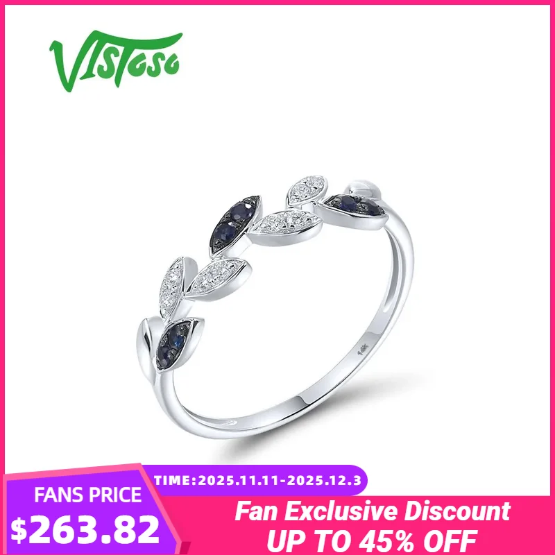 

VISTOSO Authentic 14K 585 White Gold Rings For Women Sparkling Diamond Blue Sapphire Classic Leaf Shaped Wedding Fine Jewelry