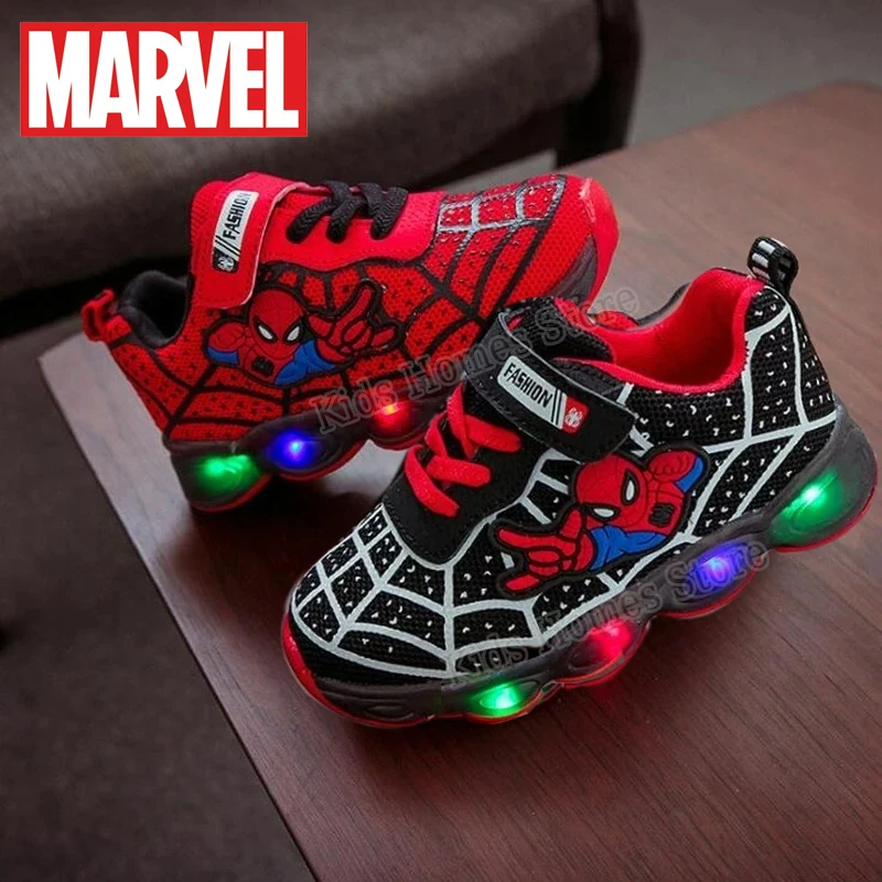 Disney Spiderman Led Light Glowing Sneakers Fashion for Boys Girls Kids Shoes Up Breathable Sports Running Shoes