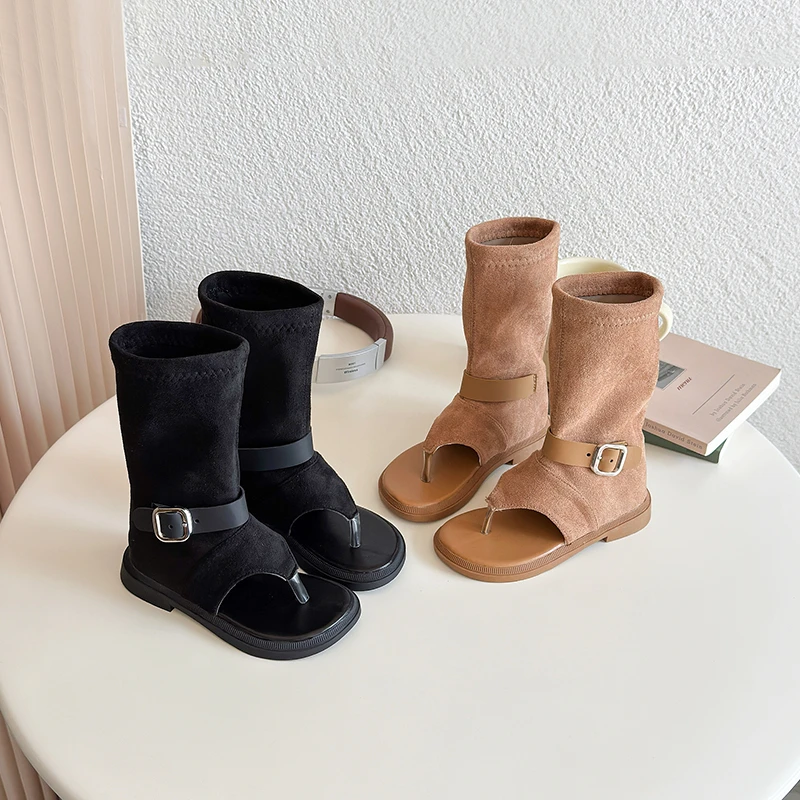 

Летние шикарные сандалии для девочек, удобная детская обувь без шнуровки с открытым носком, однотонная нескользящая повседневная детская обувь на плоской подошве