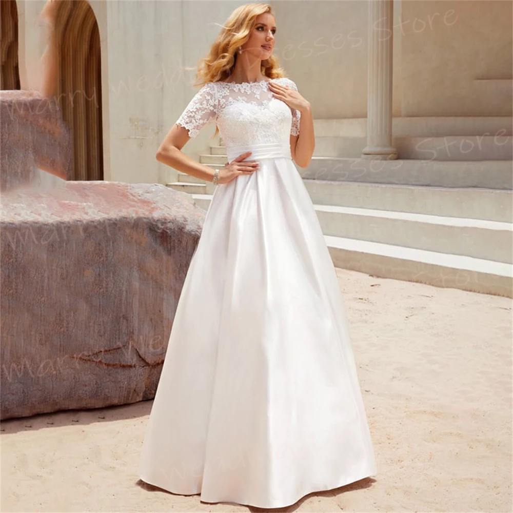 Robe de mariée classique à manches courtes pour femmes, belle robe de mariée A-ligne, dentelle charmante, appliques de mariée, tout simple et moderne