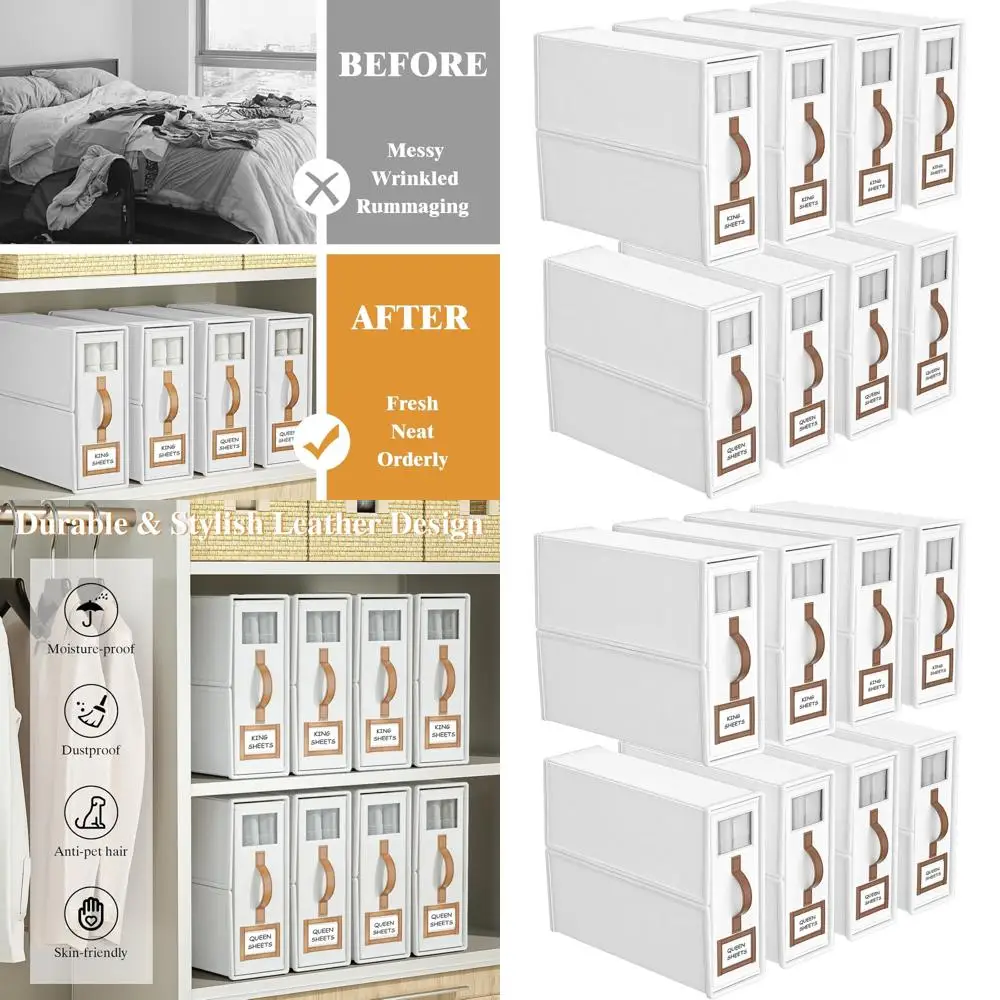 

King & Queen Size Collapsible Bed Sheet Organizers with Window, Linen Fabric Storage Boxes for Bedding.