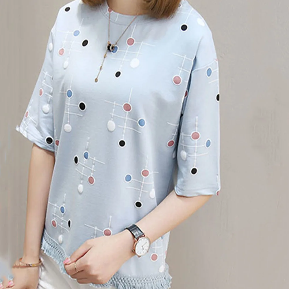 

Women's T-Shirts Summer New Versatile Printing Fashion Short Sleeve Loose Tees Female O-neck Casual Tassel Blue Tops Ladies