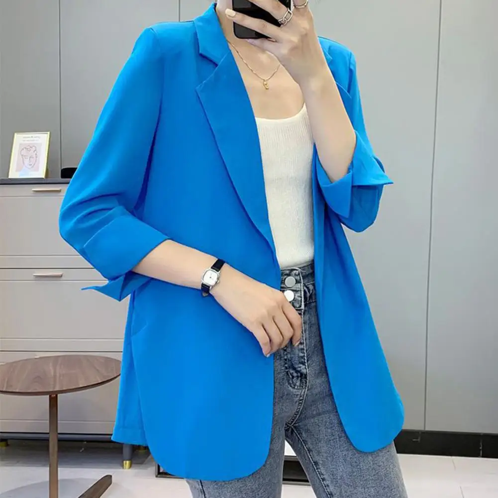 Women Summer Blazer Solid Color Long Sleeves Lapel Notch Collar Mid Length Anti-UV Straight AD Women OL Style Coat Women Clothes