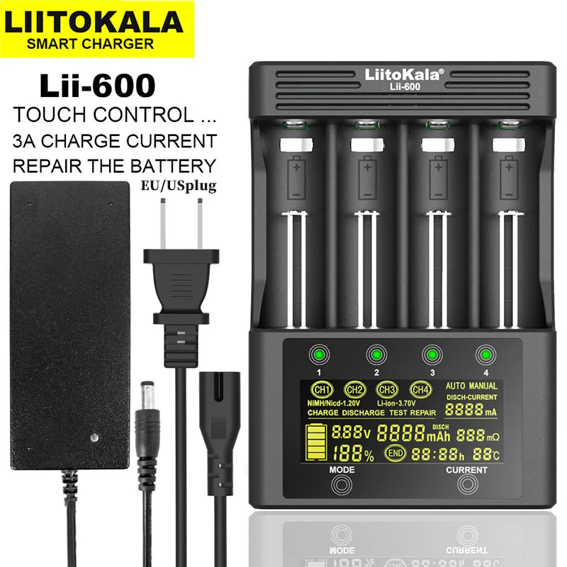 

Портативное зарядное устройство LiitoKala с ЖК-дисплеемLii-600 для 18650, 3,7 В, 1,2 В, 26650, 21700, 26700 AA AAA, тестовая емкость