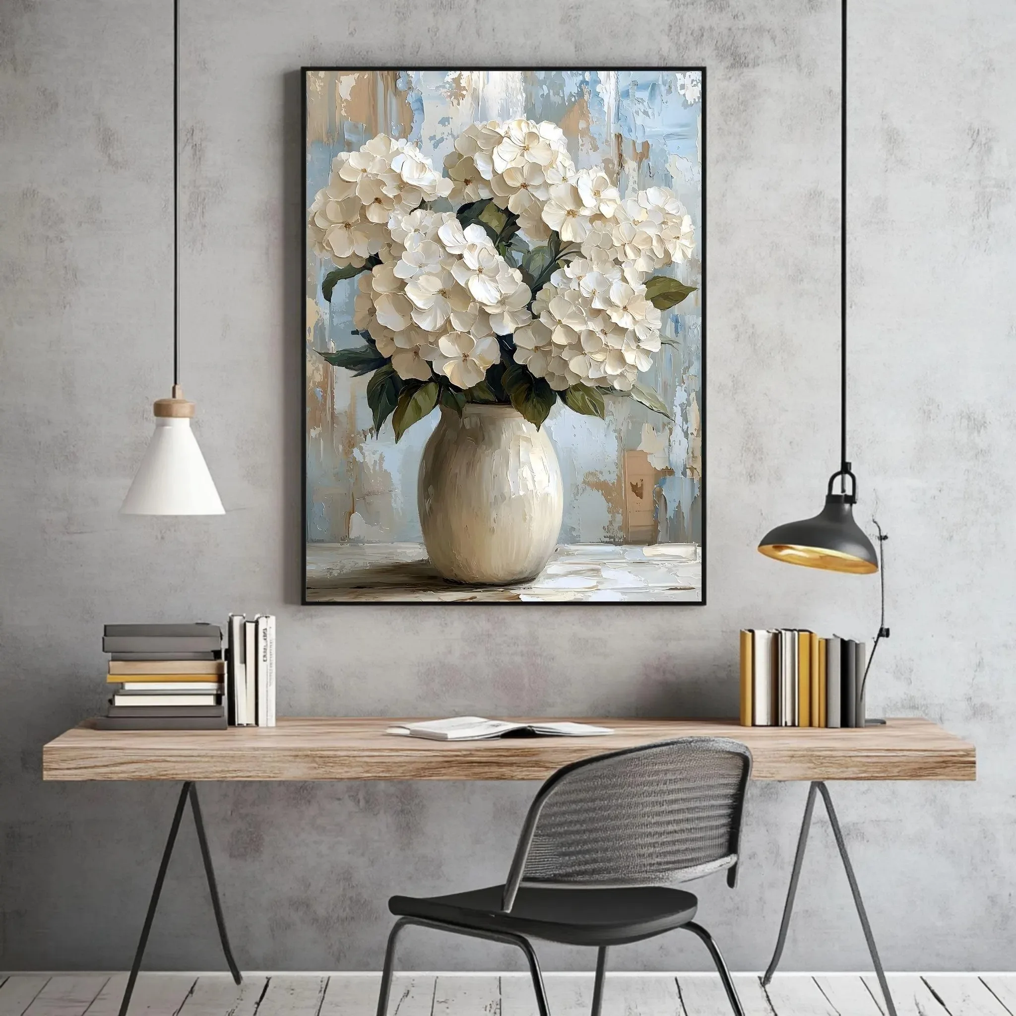 

Vintage white hydrangea print with oil painting effect floral canvas poster neutral botanical print wall decor modern home decor