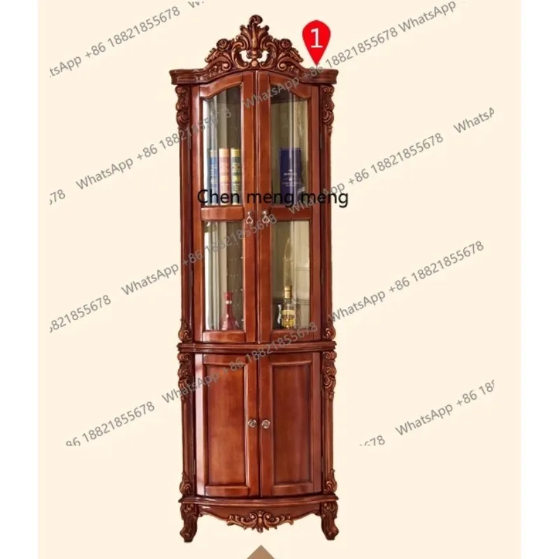 Gabinete decorativo tallado de doble puerta de madera maciza de lujo ligero americano A48, vitrina de almacenamiento de vidrio para sala de estar