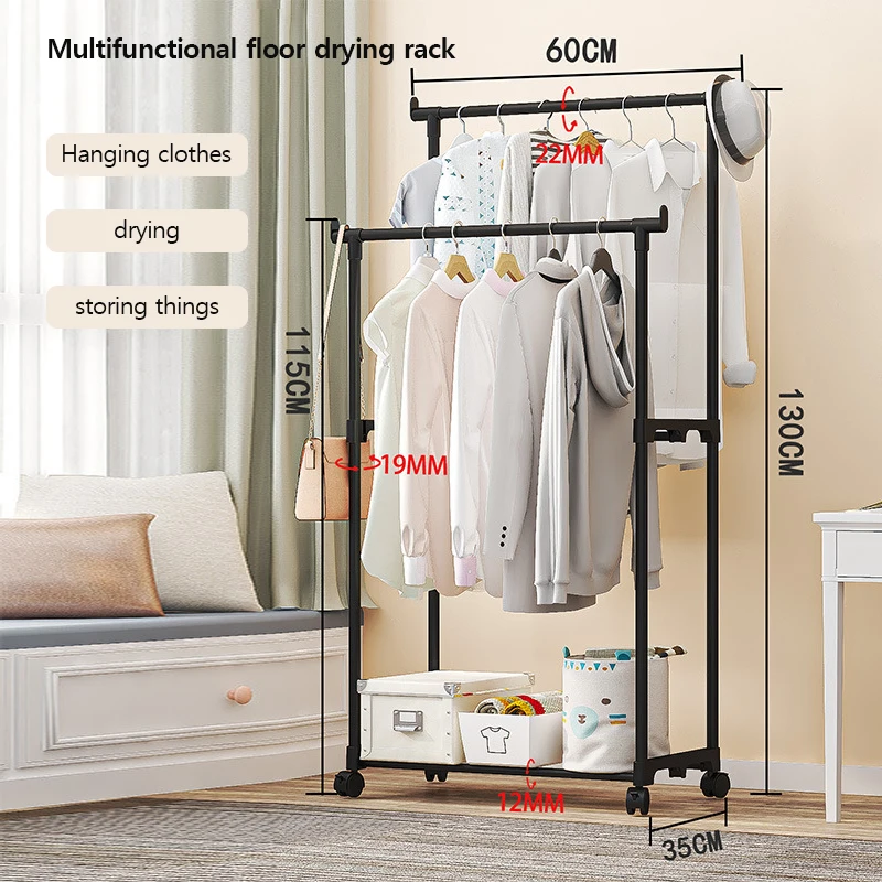 Floor Standing Coat Rack Movable Bedroom Double Rod Hanging Clothe Rack Multilayer Storage Rack For Clothes Hats And Shoe