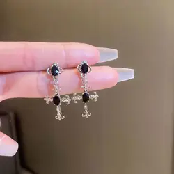 Gothic Black Crystal Cross Long Drop Earrings for Women Punk Creativity Fashion Gorgeous Statement Halloween Jewelry Gifts