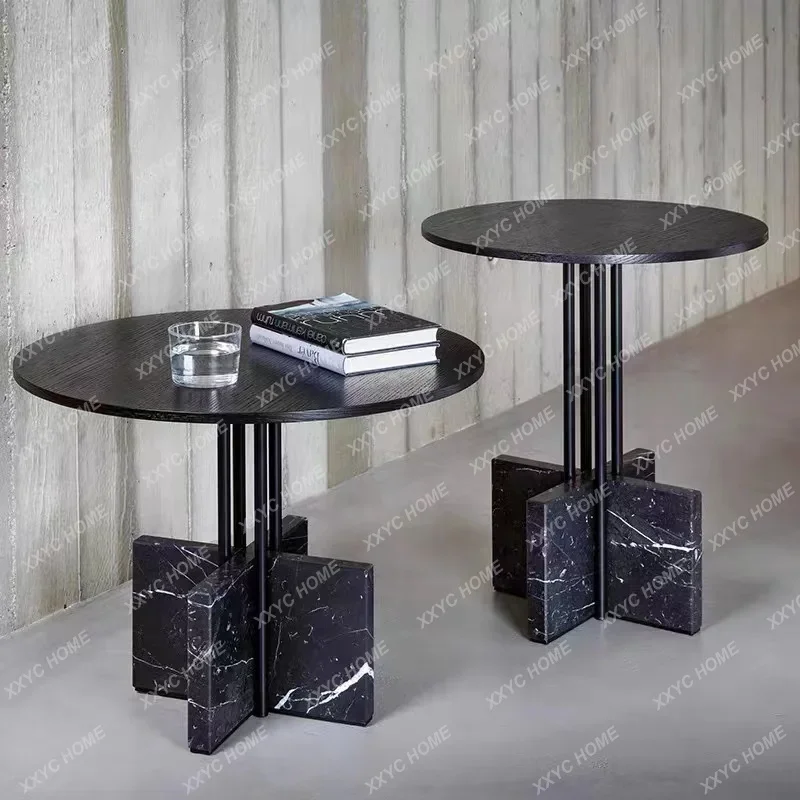 الفن الإبداعي أبيض وأسود الجذر الرخام طاولة مستديرة صغيرة غرفة المعيشة أريكة طاولة جانبية طلاء الخشب سطح الزاوية طاولة الزاوية #4