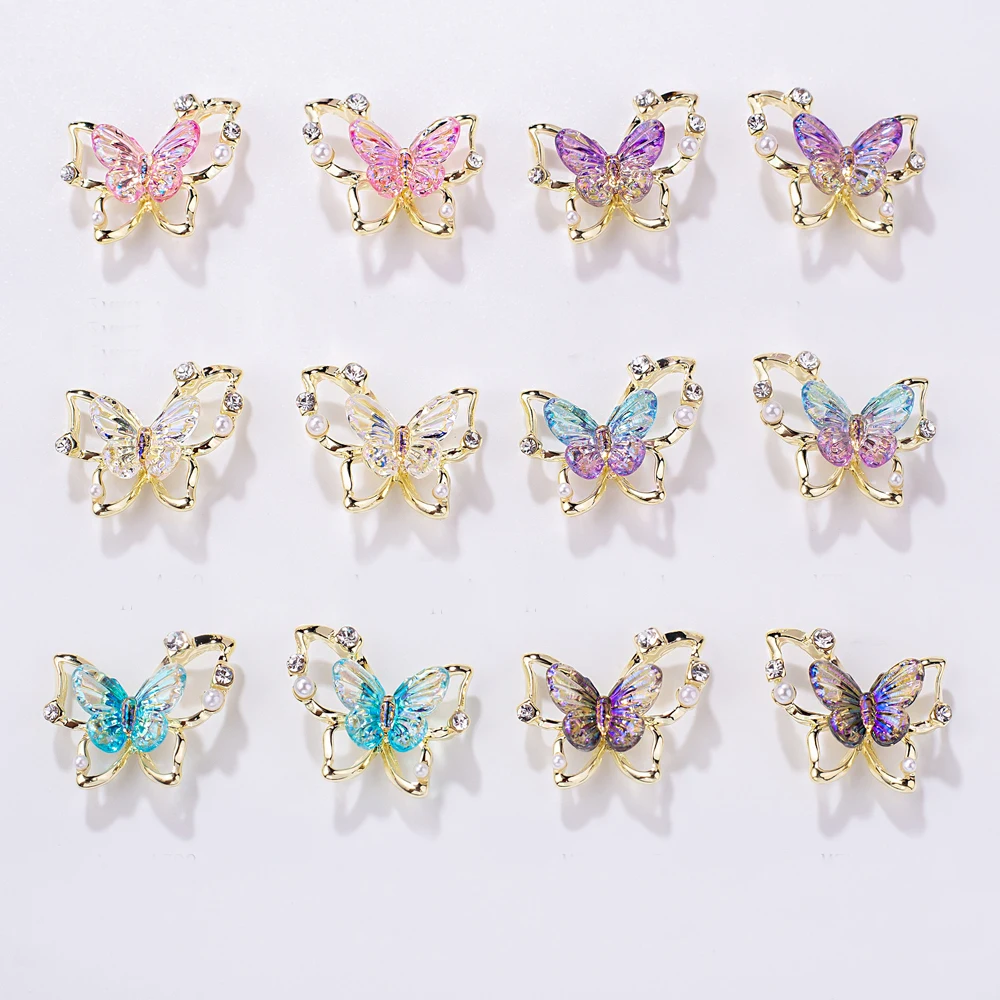 Abalorio de mariposa brillante para decoración de uñas, Gema de cristal hueco de aleación 3D, accesorios de estilo Kawaii, 5 piezas