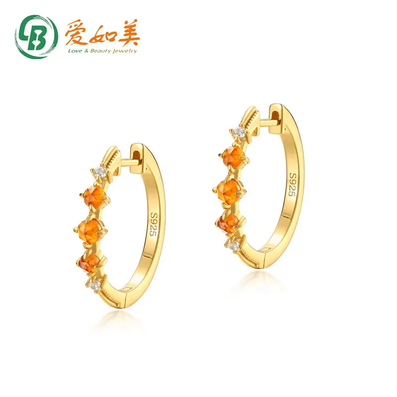 

New Minimalist Geometric Orange Garnet Earrings for Women Vintage 18K Gold PT950 Platinum Silver Plated 7-layer Gold Earrings