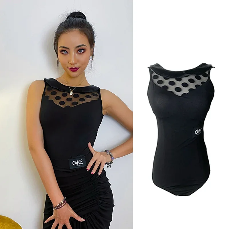 

Summer Sleeveless Latin Dance Tops Female Mesh Polka Dots ChaCha Pracitice Clothes Tango Ballroom Performance Dancewear YS3664