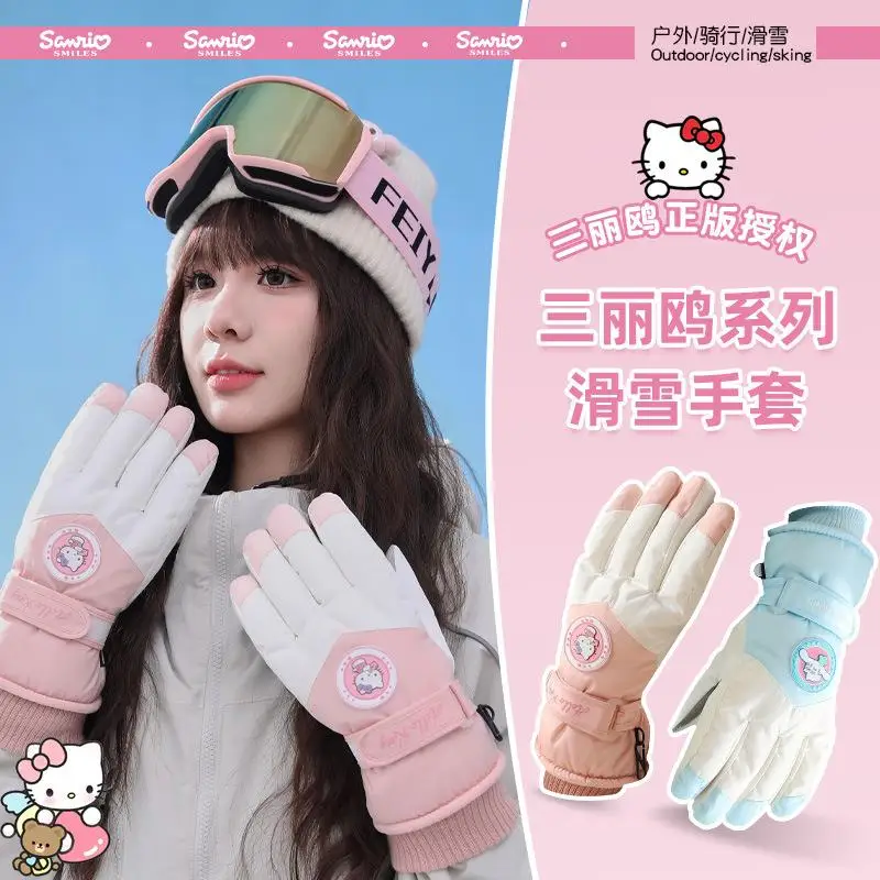 2024 Kawaii Thick Sanrios Ski Gloves Hellokitty Kuromi My Melody Warm Boy Girls Winter Cold Proof Cycling Waterproof Touchscreen