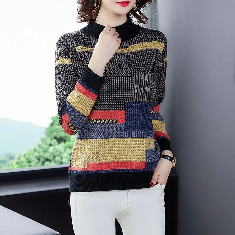 Vintage Patchwork Knitted Sweaters Autumn Winter Casual Half High Collar Women\'s Clothing Fashion Jacquard Weave Loose Jumpers