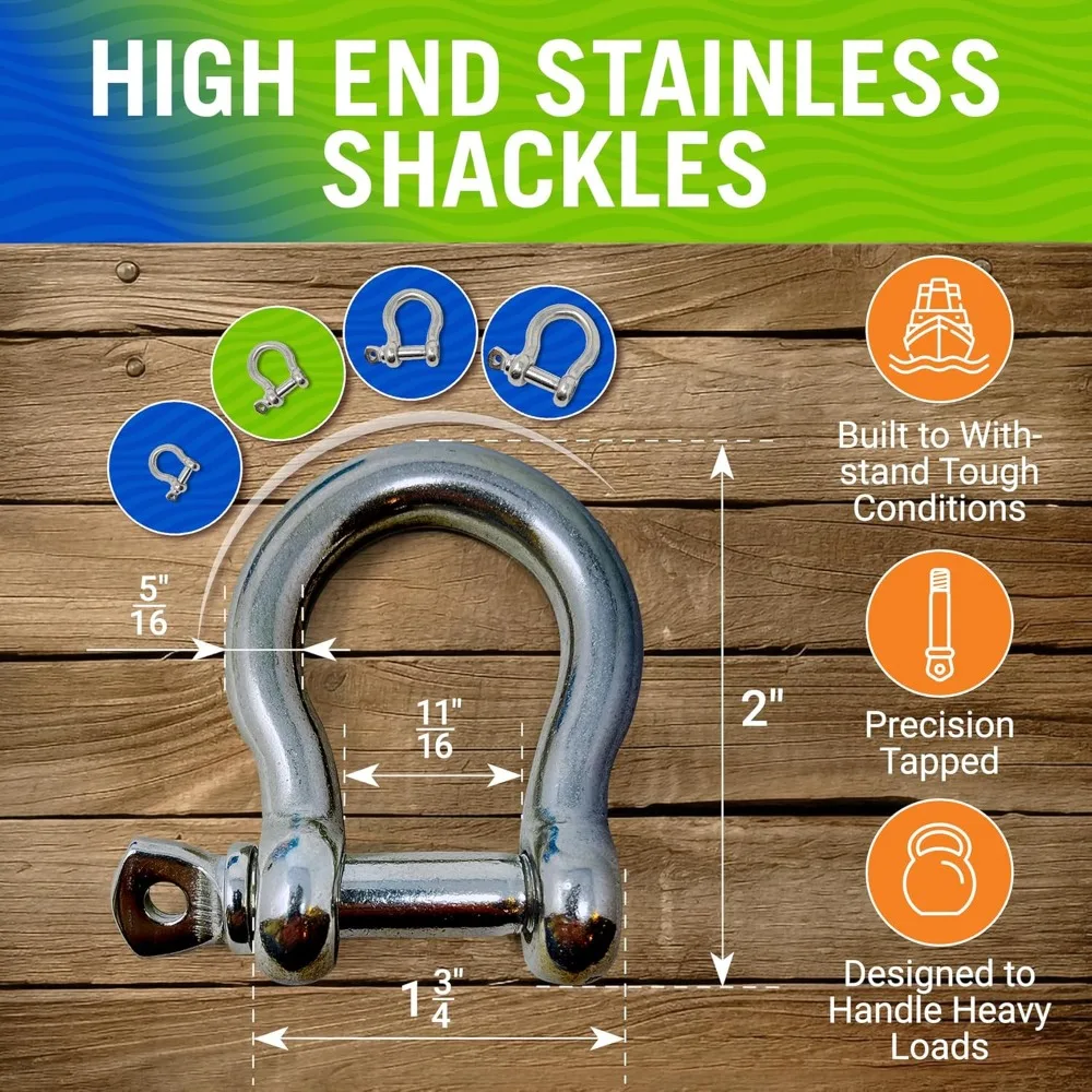 316 Stainless Steel D-Ring Shackles, 4-Pack, 1/2", 3/8", 5/16", 1/4", Marine Grade for Boat, Sailboat, Chain, Rigging view 3