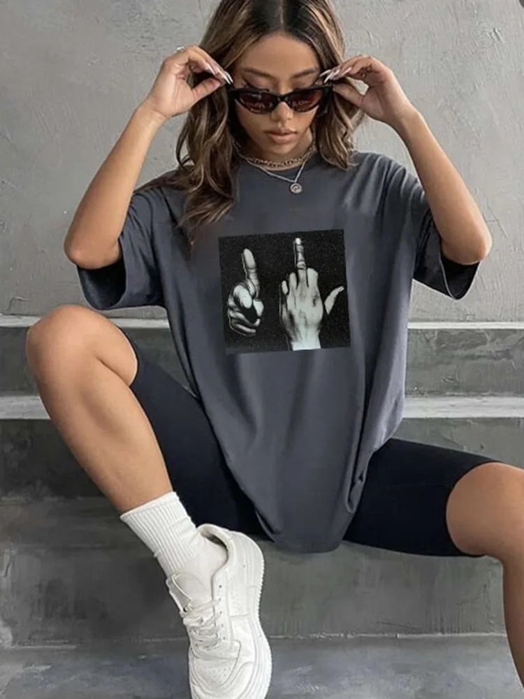 Blessyuki Casual Gothic 100% Cotton Printed Women T Shirts 2024 Summer New Streetwear Plus-size Female Loose Tees Oversized Tops