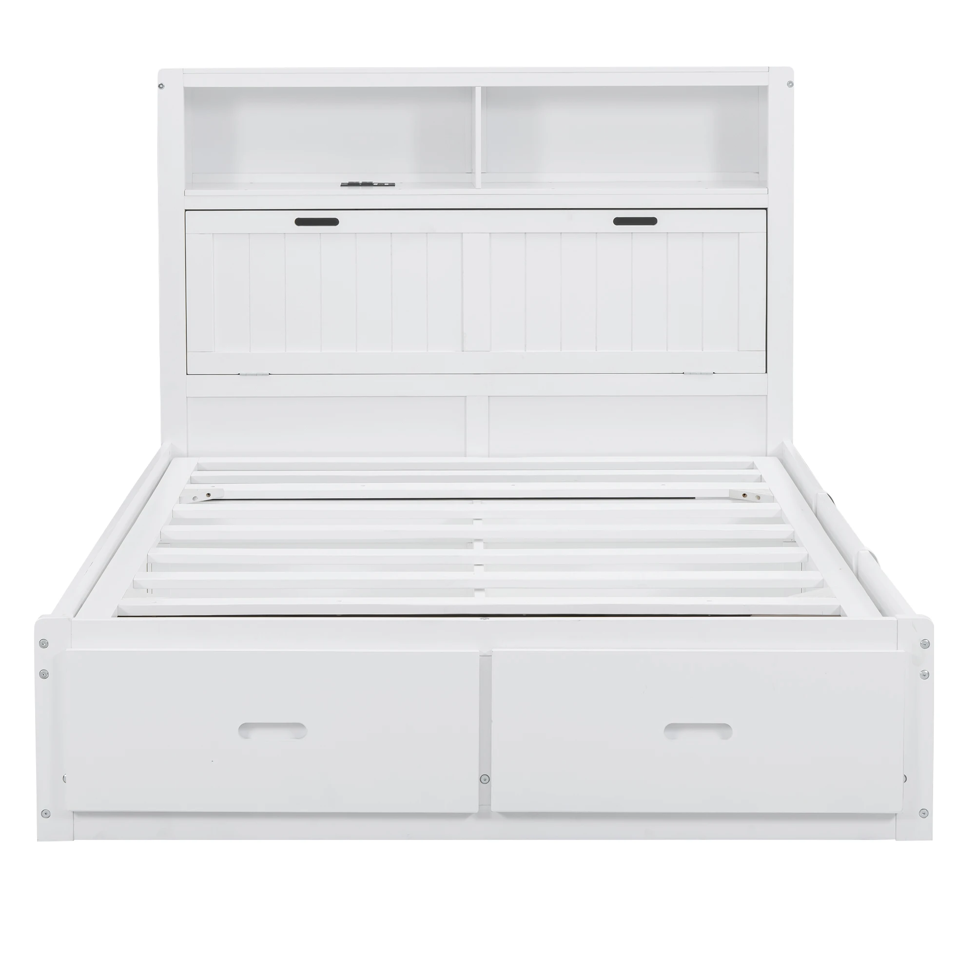 

Modern White Full-Size Hydraulic Platform Bed with LED Headboard Charging Station 2 Drawers Solid Wood Storage Solid Wood Style