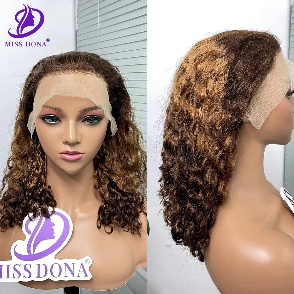 Miss Dona 4/30/4# 200% Density Curly 13x4 Lace Frontal Wigs Ombre 3 Tone Brown Burmese Remy  Human Hair for Black Women