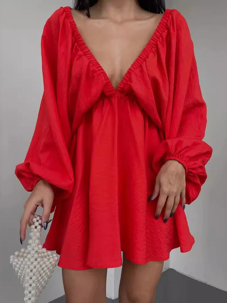 Summer Casual Elegant Dress Women New Temperament Fashion Simple Sexy V-Neck Bubble Long Sleeve Y2K Casual Swing Mini Dress 2024