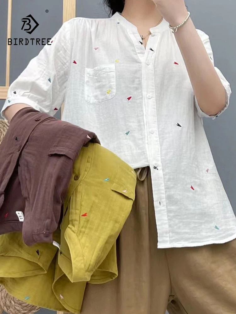 

New 2025 Summer Cotton Yarn Half Sleeve Shirt, Women V Neck Embroidery, Mori Girl Soft Versatile Casual Loose Blouse T55851CC