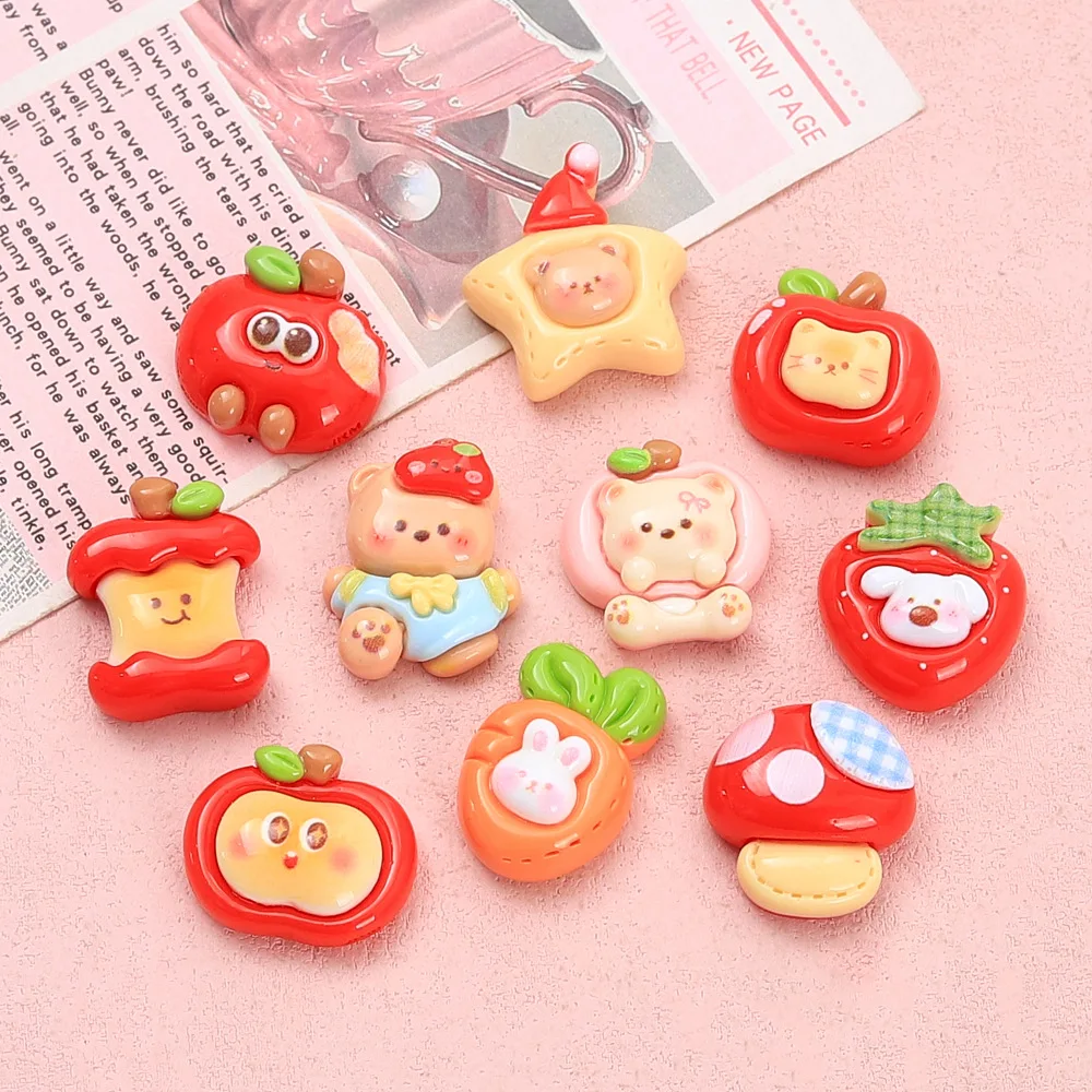 

100pcs Cute Resin Cartoon Miniature Bear Apple Flatback DIY for Kitchen Refrigerator Doll House Decoration Accessories