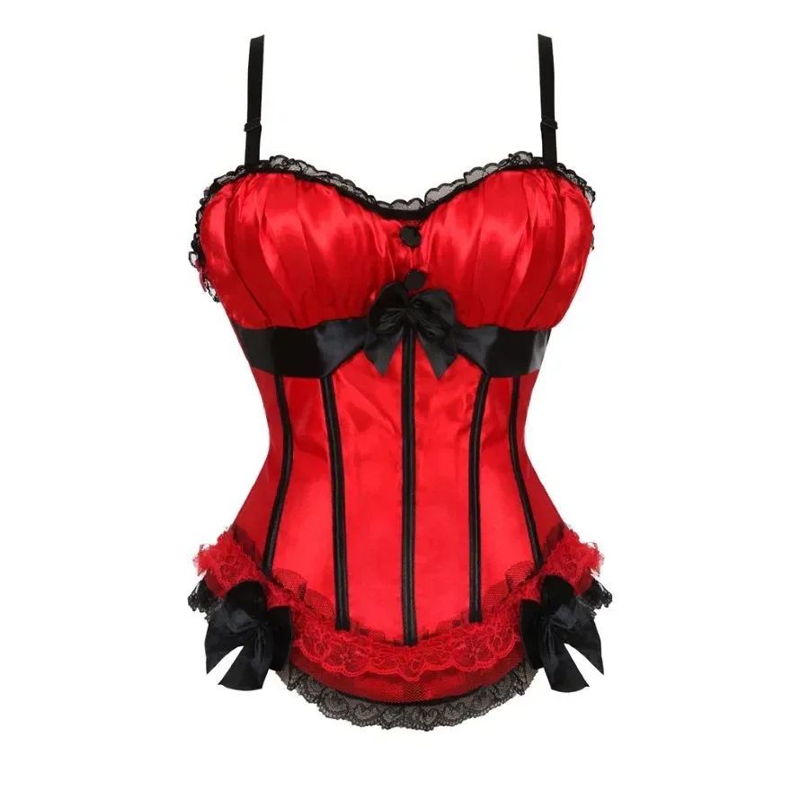 Rot Satin Overbust Korsett Kleid mit Layered Tüll Rock Burlesque Bustier Kostüm