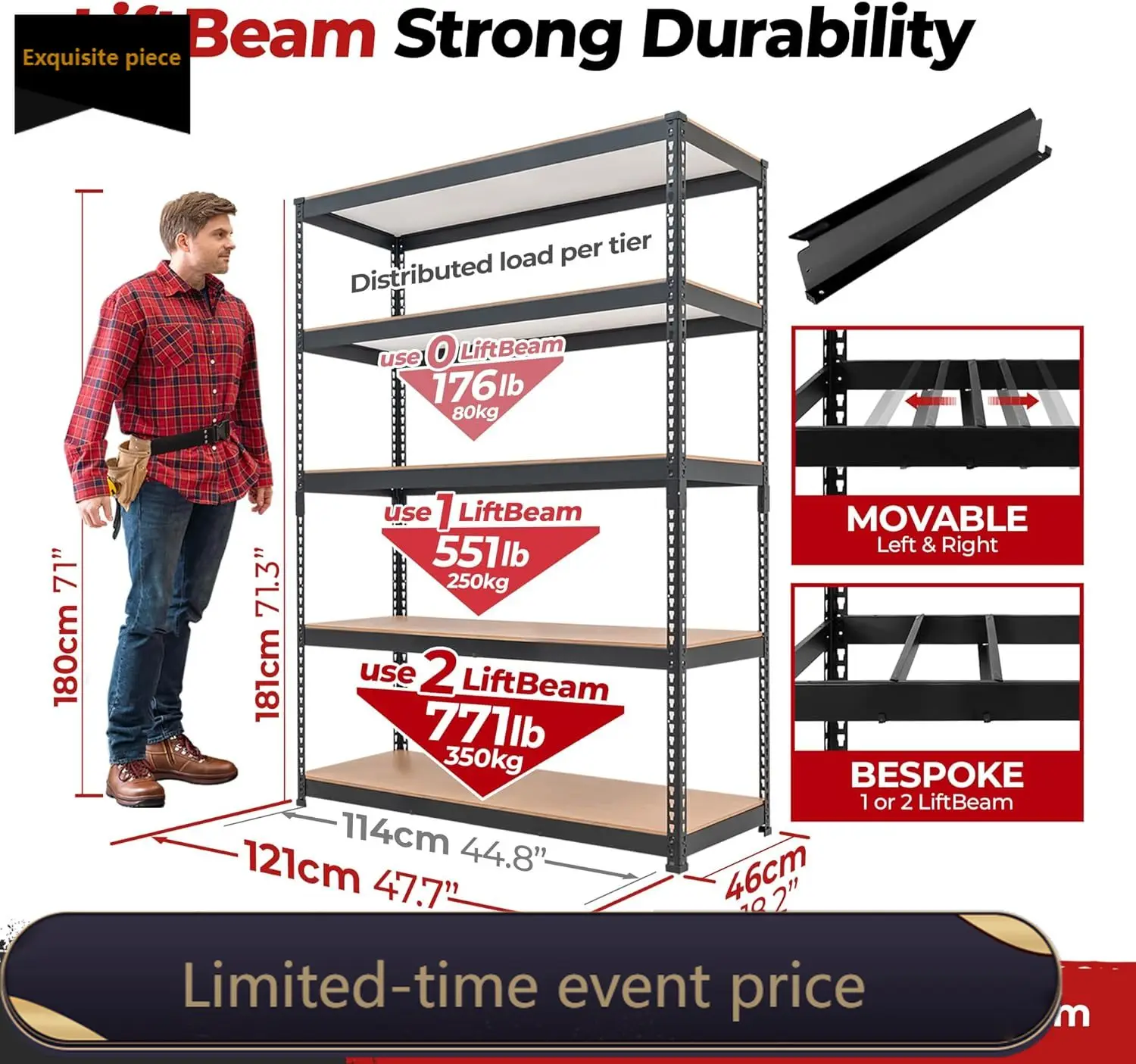 

47.7" W 5 Tier Heavy Duty Garage Shelving Adjustable Metal Rack Storage Shelves Standing Shelf Unit Organizers Industrial Wareho