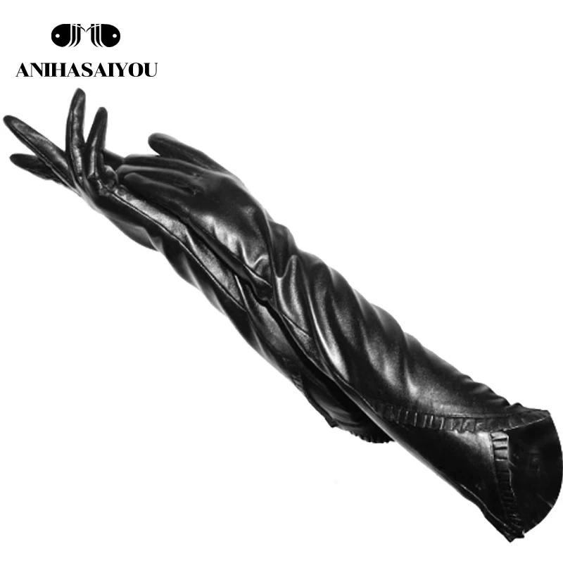 New Simple Winter Black Genuine Leather Long Gloves sheepskin women\'s gloves Fashion women\'s long gloves -A1