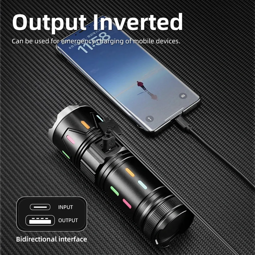 Powerful Spotlight Long Range LED Flashlight Type-C Charging Output Zoom Aluminum Alloy Tactical Torch For Camping