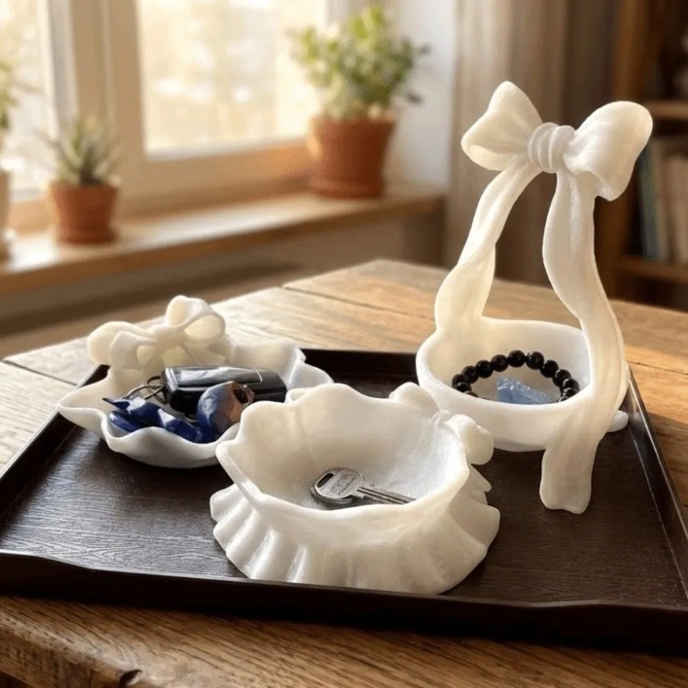 Fashion Elegant 3D Printed Jewelry Tray Sweet Glossy Bow Ribbon Ring Holder Baroque Style Decorative Jewelry Plates Desktop Use