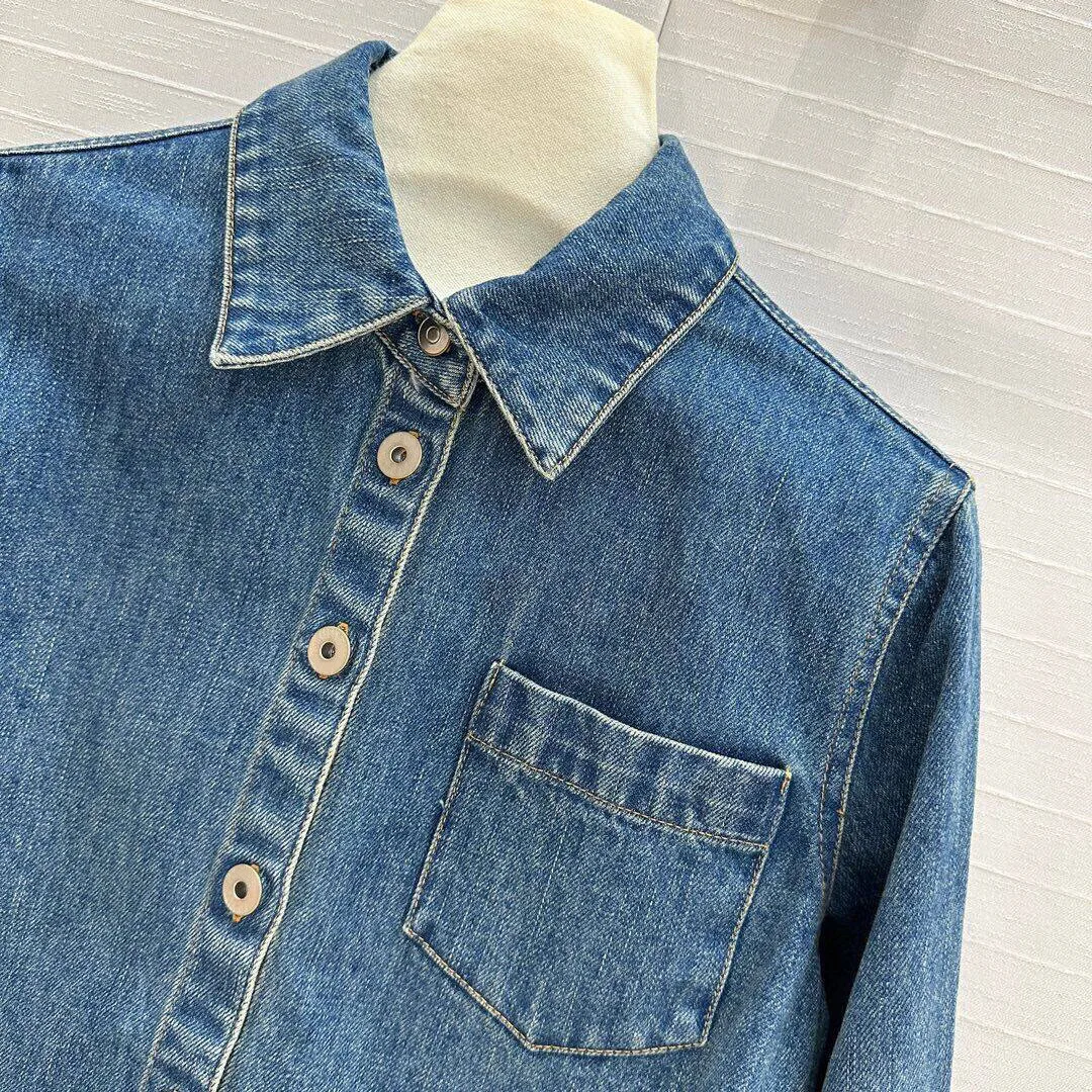 Luxury Design Novelty Denim Shirt Women Lapel Long Sleeve Single Breasted Back Split Lace-up Fashion Streetwear T-shirt