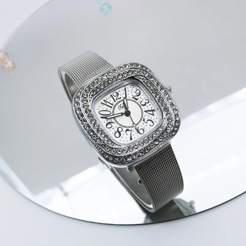 New Simple Square Ladies Shiny Full Diamonds Quartz Watch Casual Stainless Steel Dress Women's Clock Wristwatch